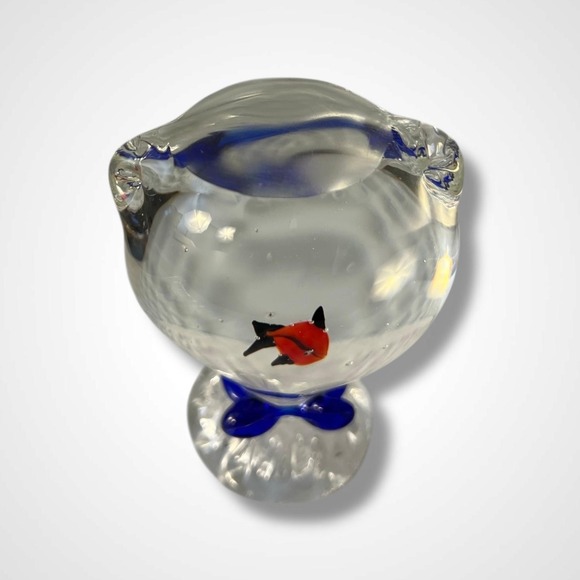 Art Glass Fish in a Bag Paperweight Clear Blue Red Hand Blown Murano Style Decor - Picture 8 of 9